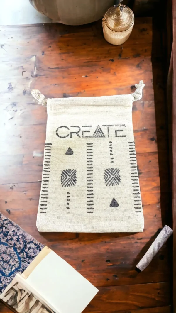 Hand Stamped, Create, Cotton Drawstring Pouches 4" x 6"