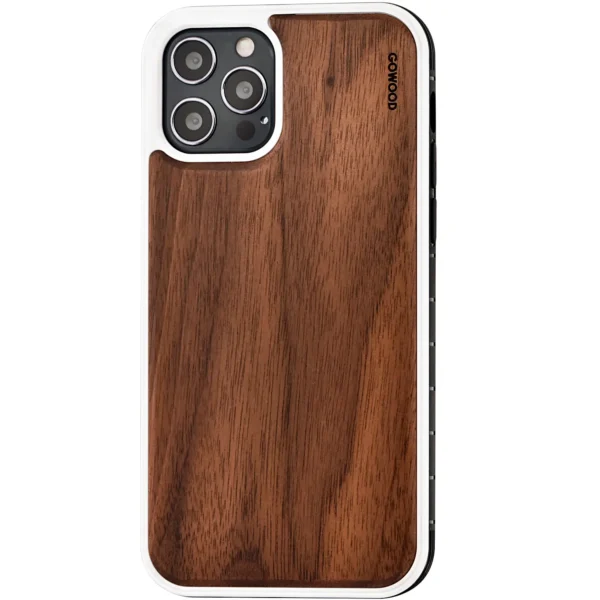 iPhone 12 and iPhone 12 Pro wood case walnut backside with TPU bumper and white PC