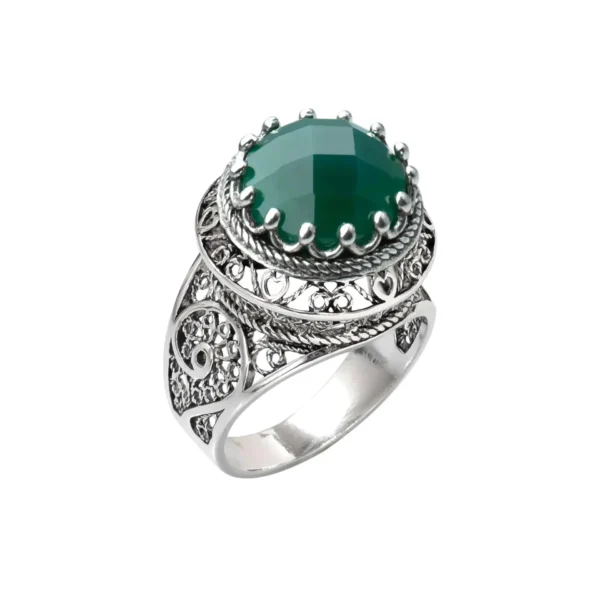 Filigree Art Green Agate Gemstone Woman Silver Statement Ring