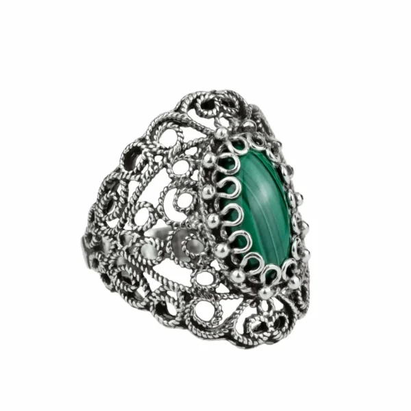 Filigree Art Malachite Gemstone Lace Detailed Women Silver Statement Ring