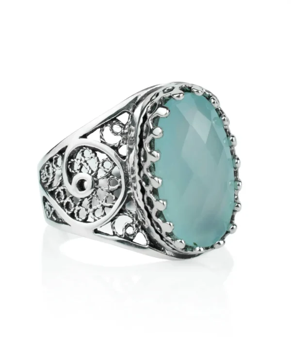 Filigree Art Aqua Chalcedony Gemstone Women Oval Silver Cocktail Ring