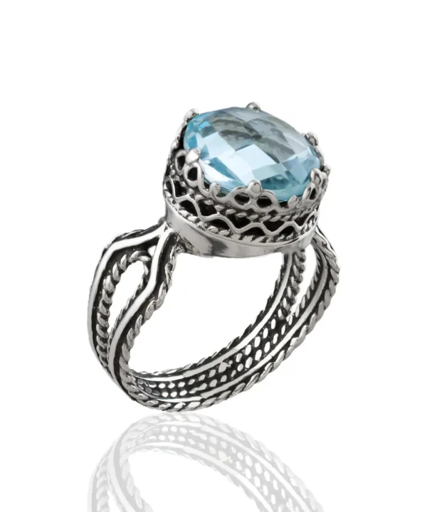 Blue Topaz Gemstone Filigree Art Women Sterling Silver Cocktail Ring