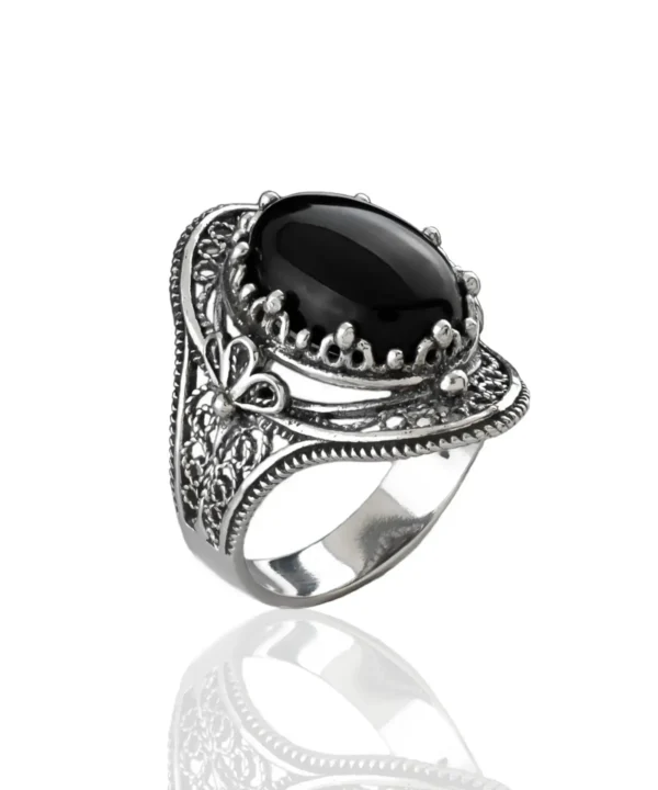 Black Onyx Gemstone Filigree Art Woman Silver Statement Ring