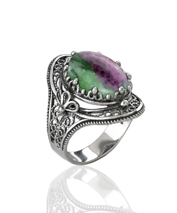 Ruby Zoisite Gemstone Filigree Art Woman Silver Statement Ring