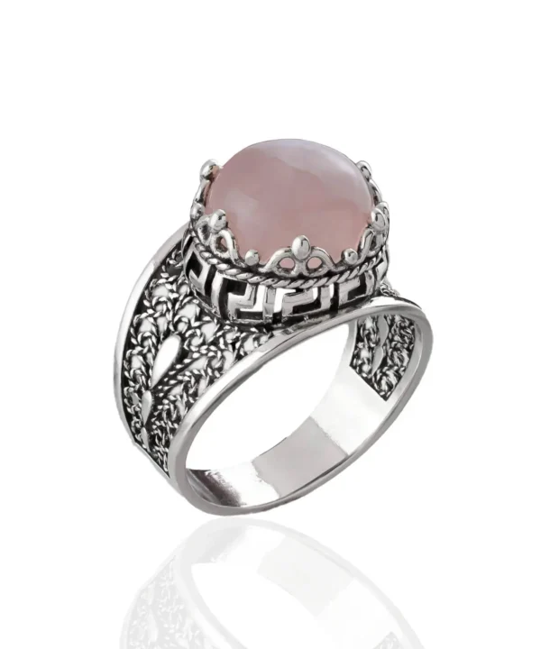 Meander Pattern Filigree Art Rose Quartz Gemstone Women Silver Cocktail Ring