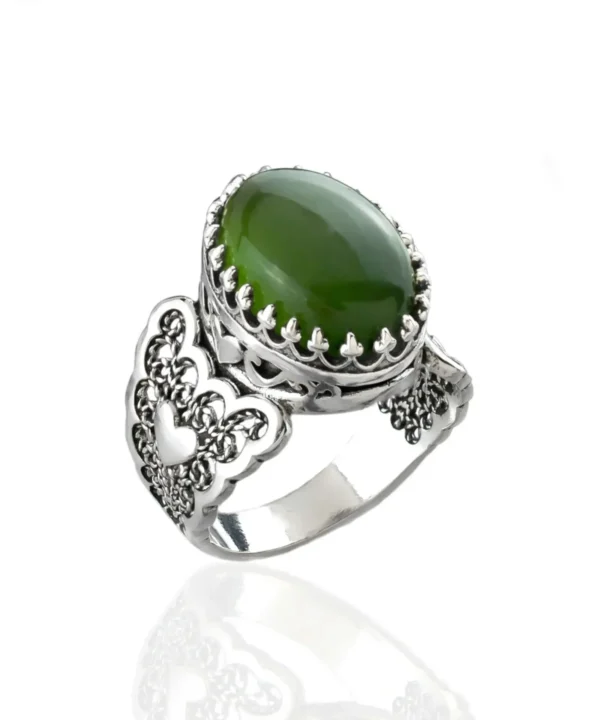 Serpentine Gemstone Double Heart Detailed Filigree Art 925 Sterling Silver Women Statement Ring