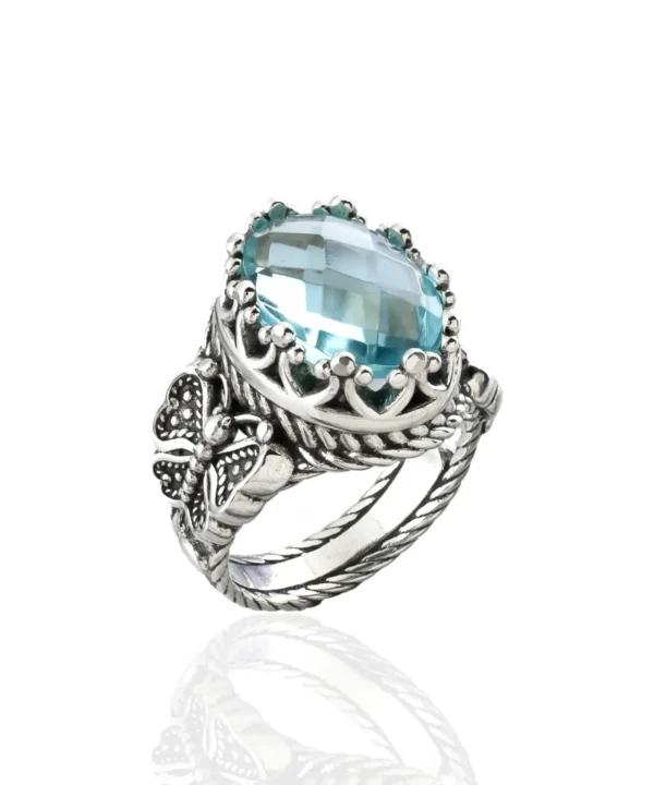 Blue Topaz Gemstone Filigree Art Double Butterfly Detailed Women Silver Statement Ring