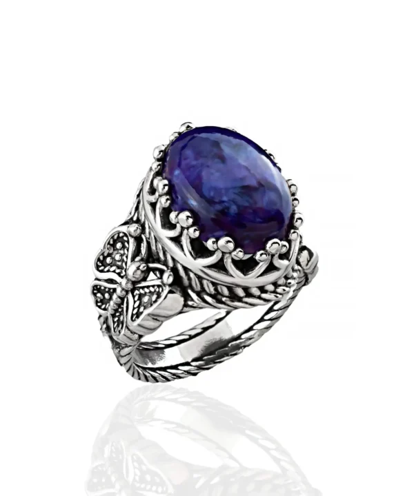 Charoite Gemstone Filigree Art Double Butterfly Detailed Women Silver Statement Ring