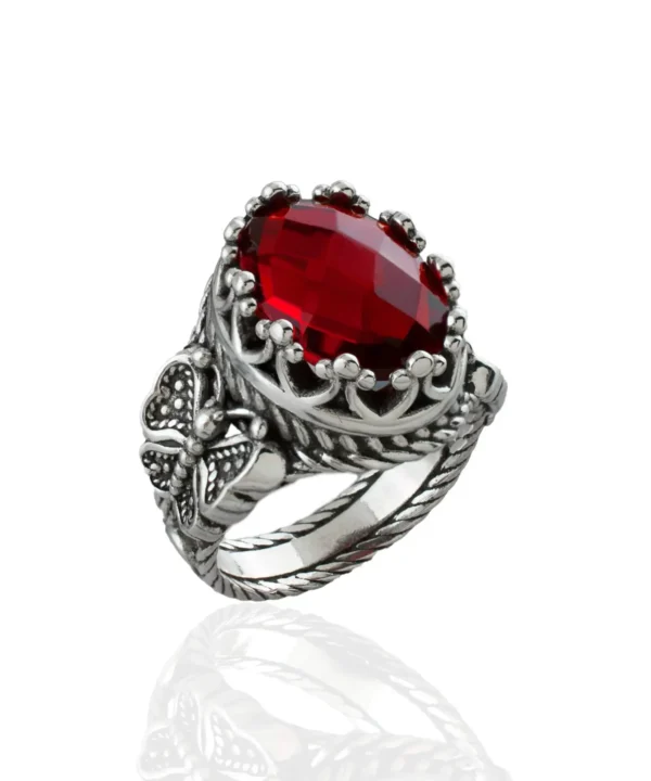 Ruby Quartz Gemstone Filigree Art Double Butterfly Detailed Women Silver Statement Ring