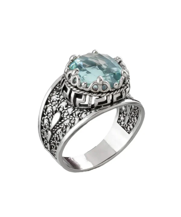 Meander Pattern Filigree Art Aquamarine Gemstone Women Silver Cocktail Ring