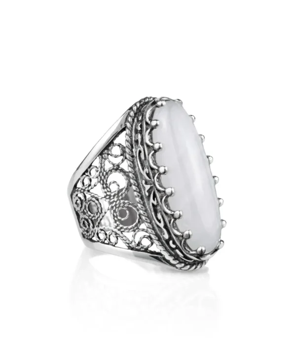 Filigree Art Mother of Pearl Gemstone Women Silver Long Statement Ring