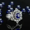 Filigree Art Blue Evil Eye Daisy Flower Women Silver Cocktail Ring - Image 3