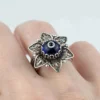 Filigree Art Blue Evil Eye Daisy Flower Women Silver Cocktail Ring - Image 2