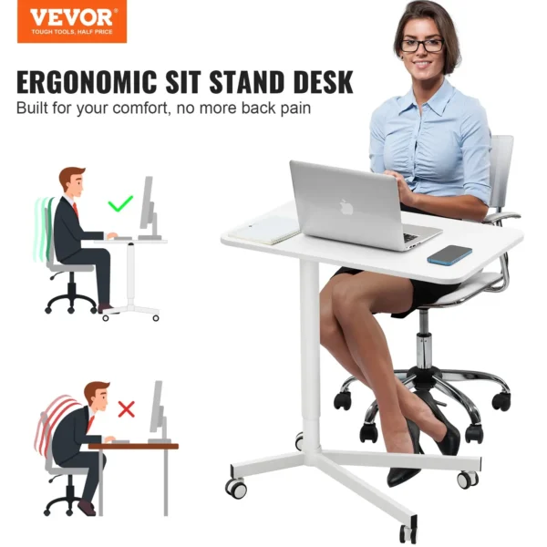 VEVOR Mobile Standing Desk, 28.5"-44.2" Gas-Spring Height Adjustable Sit-Stand Desk, 360 Swivel Wheels (2 Lockable) Portable Rolling Laptop Table Computer Cart for Home Office School, 44LBS Loading