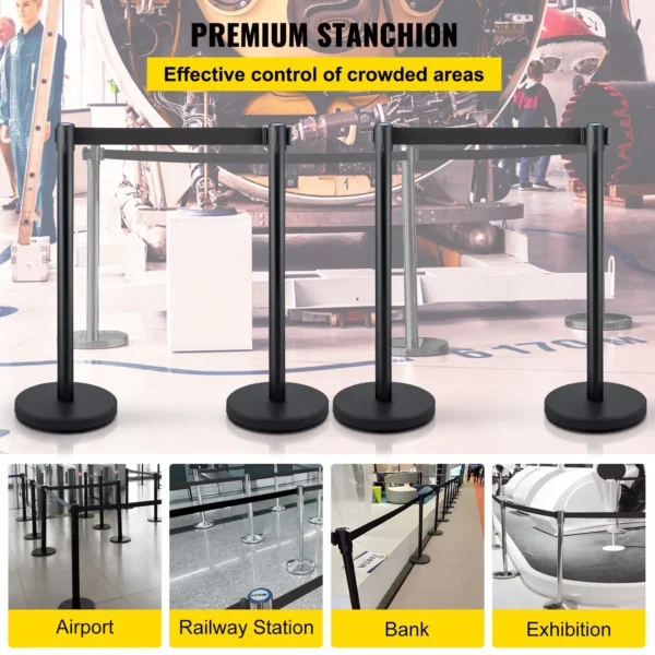 VEVOR Crowd Control Stanchion, Set of 4 Pieces Stanchion Set, Stanchion Set with 6.6 ft/2 m Black Retractable Belt, Black Crowd Control Barrier w/Concrete and Metal Base Easy Connect Assembly