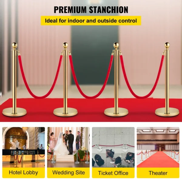 VEVOR 4PCS Gold Stanchion Posts Queue, 38 Inch Red Velvet Rope, Crowd Control Barriers Queue Line Rope, Barriers for Party Supplies