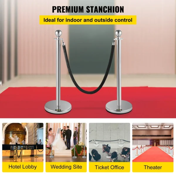 VEVOR Crowd Control Stanchion, Set of 2 Pieces Stanchion, Stanchion Set with 5 ft/1.5 m Black Velvet Rope, Silver Crowd Control Barrier w/Sturdy Concrete and Metal Base Easy Connect Assembly