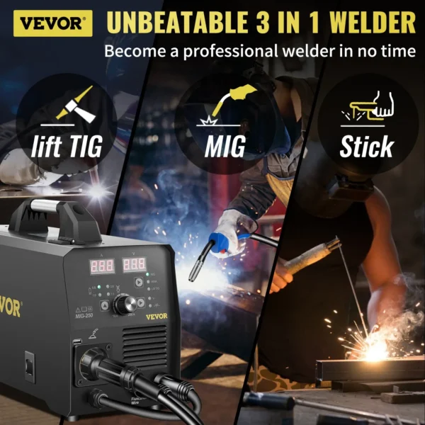 VEVOR 250Amp MIG Welder, Welding Machine 3 in 1, 220V Flux Core/Gas/Solid Wire Welding Machine w/IGBT Inverter & Torch, Digital MIG/Lift TIG/Stick Multiprocess Welder