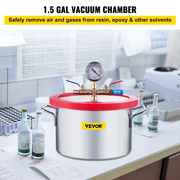 VEVOR Vacuum Chamber 1.5 Gallon Vacuum Degassing Chamber Glass Lid Stainless Steel Degassing Chamber Silicones for Gas Extraction and Protect Food