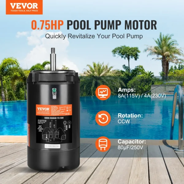 VEVOR 0.75 HP Pool Pump Motor, 56J Frame, 115V(8 Amps)/230V(4 Amps) 3450 RPM, 60Hz, 1.5 Service Factor, 80F/250V Capacitor, CCW Rotation Round Flange Replacement Motor