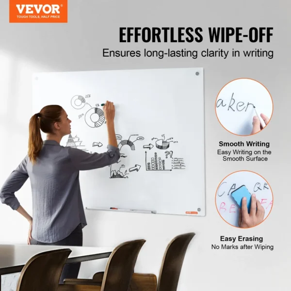 VEVOR Magnetic Glass Whiteboard, Dry Erase Board 48"x32", Wall-Mounted Large White Glassboard Frameless, with Marker Tray, an Eraser and 2 Markers, White