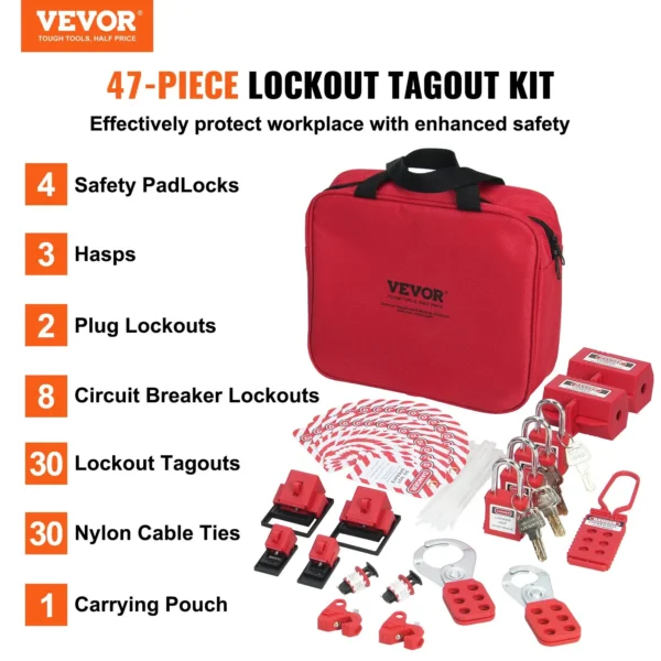 VEVOR Electrical Lockout Tagout Kit, 47 PCS Safety Loto Kit Includes Padlocks, Hasps, Tags, Nylon Ties, Plug Lockouts, Circuit Breaker Lockouts, and Carrying Bag, for Industrial, Electric Power