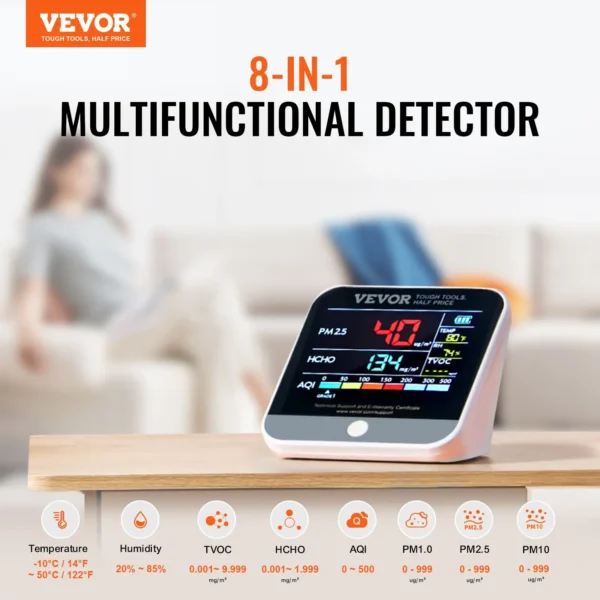 VEVOR Mini Air Quality Monitor 8-IN-1, Professional PM2.5 PM10 PM1.0 Particle Counter, Formaldehyde, Temperature, Humidity, TVOC AQI Tester for Indoor/Outdoor, Air Quality Meter w/Alarm Thresholds