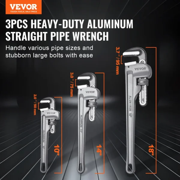 VEVOR 3-Piece Pipe Wrench Set, 10" 14" 18" Aluminum Straight Pipe Wrench, Adjustable Plumbing Wrench, with High Strength Jaw and Ergonomic Handle, Hangable Design, for Water Pipes, Automotive Repairs