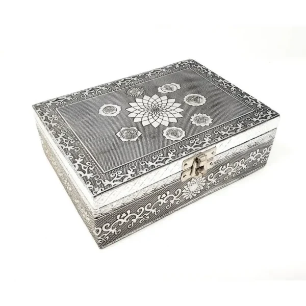 Hand Carved Box metal laminated on wood - chakra Design